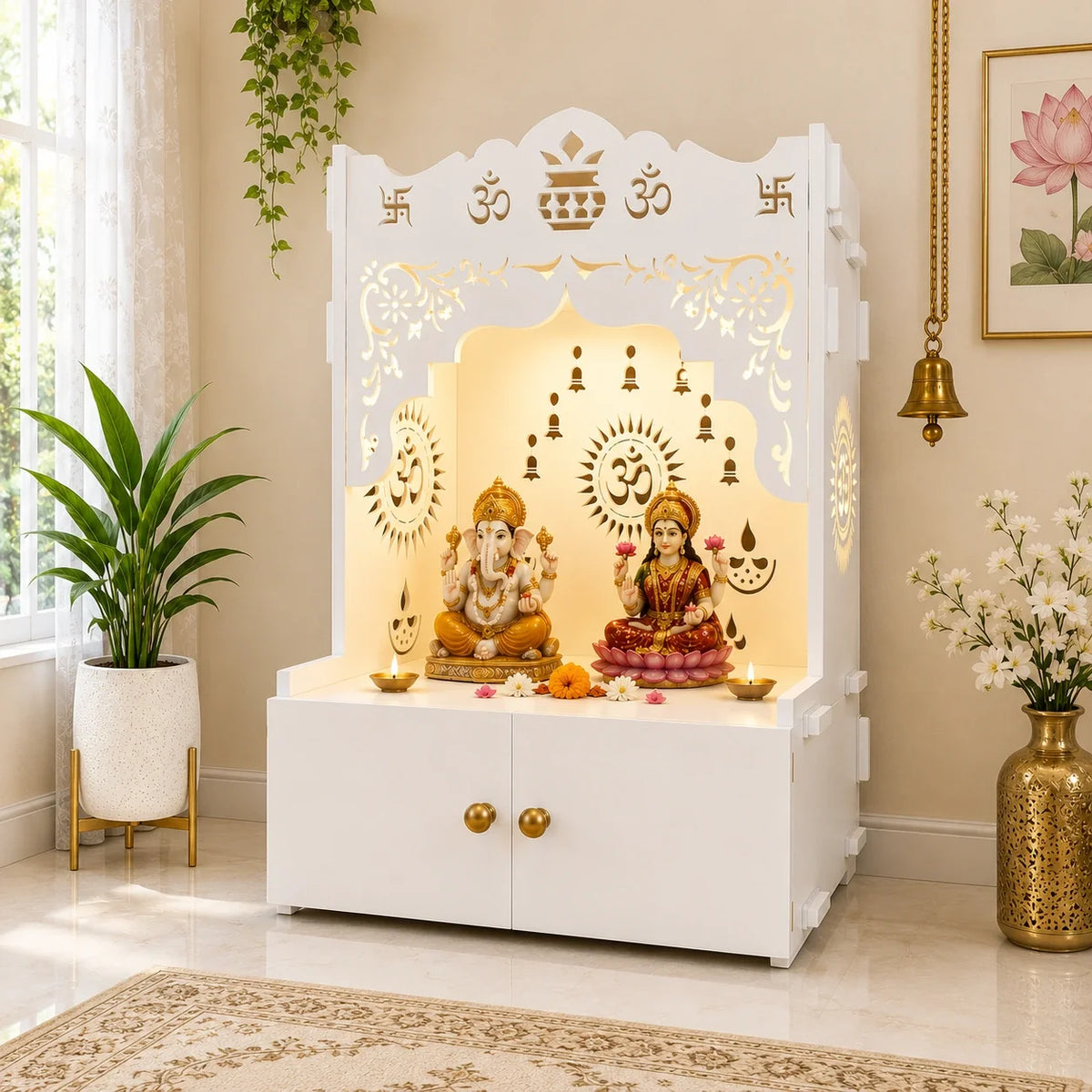 Holy Symbol Om Chakra Floor Temple with Spacious Wooden Shelf & Inbuilt Focus Light- White Finish