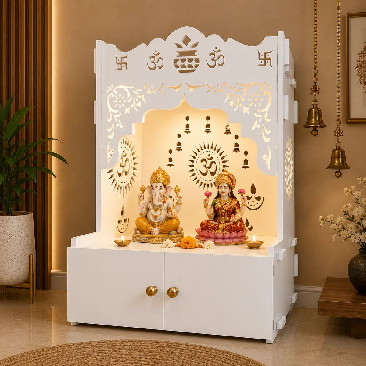 Holy Symbol Om Chakra Floor Temple with Spacious Wooden Shelf & Inbuilt Focus Light- White Finish
