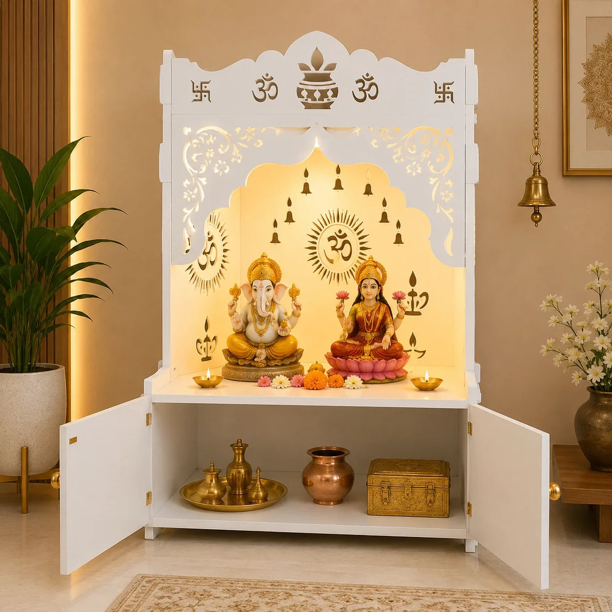 Holy Symbol Om Chakra Floor Temple with Spacious Wooden Shelf & Inbuilt Focus Light- White Finish