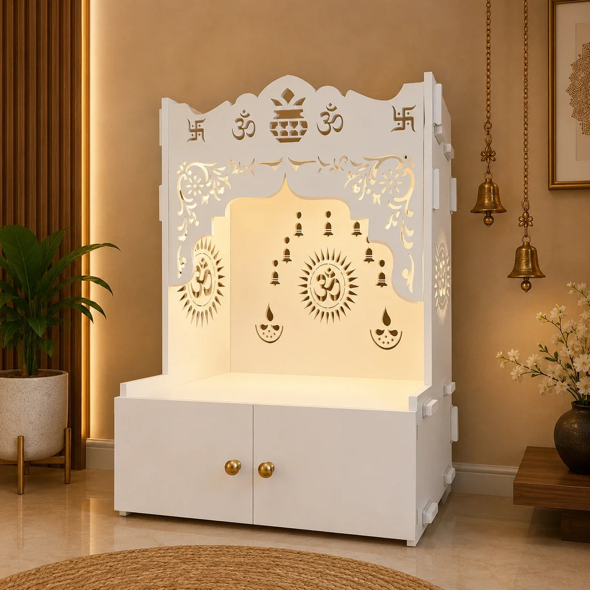 Holy Symbol Om Chakra Floor Temple with Spacious Wooden Shelf & Inbuilt Focus Light- White Finish