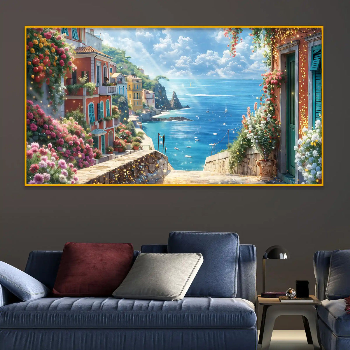 Home Décor Seaside Village Crystal Glass Wall Painting