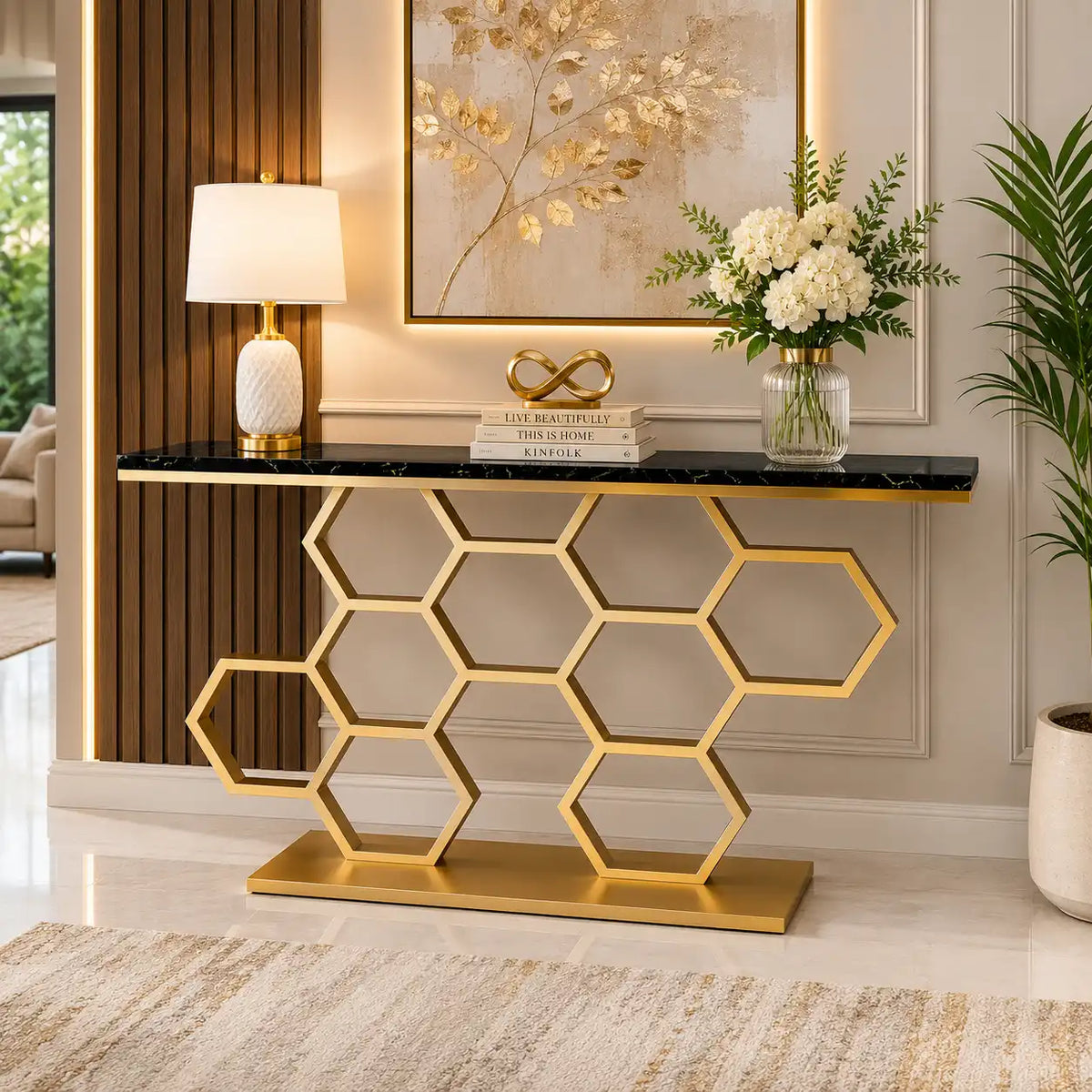 Honeycomb Motif Artistic Golden Finish Metal Console Table