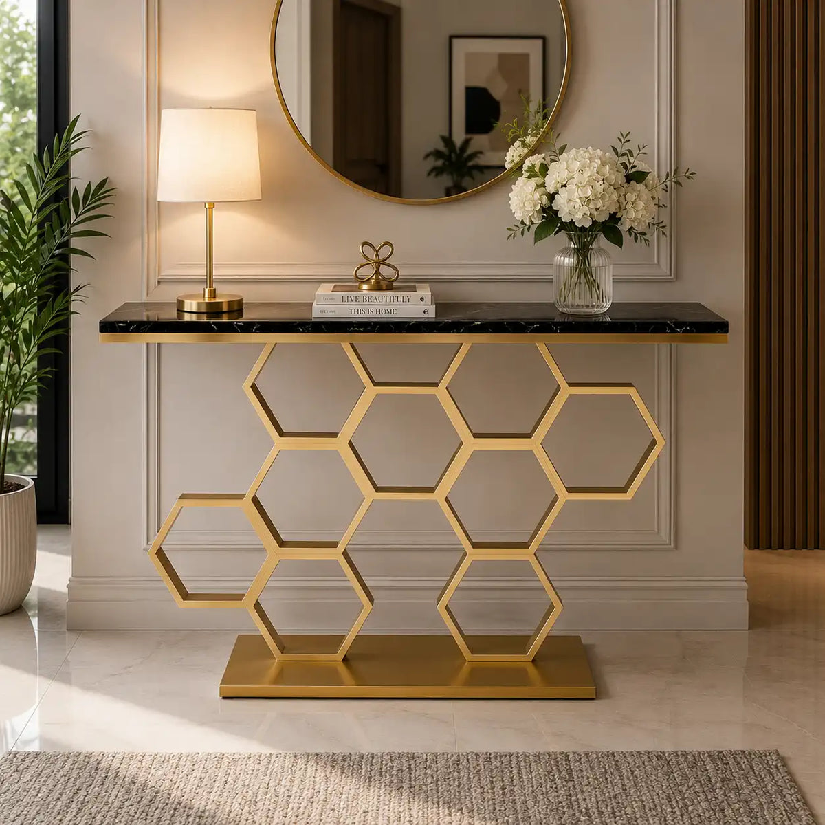 Honeycomb Motif Artistic Golden Finish Metal Console Table