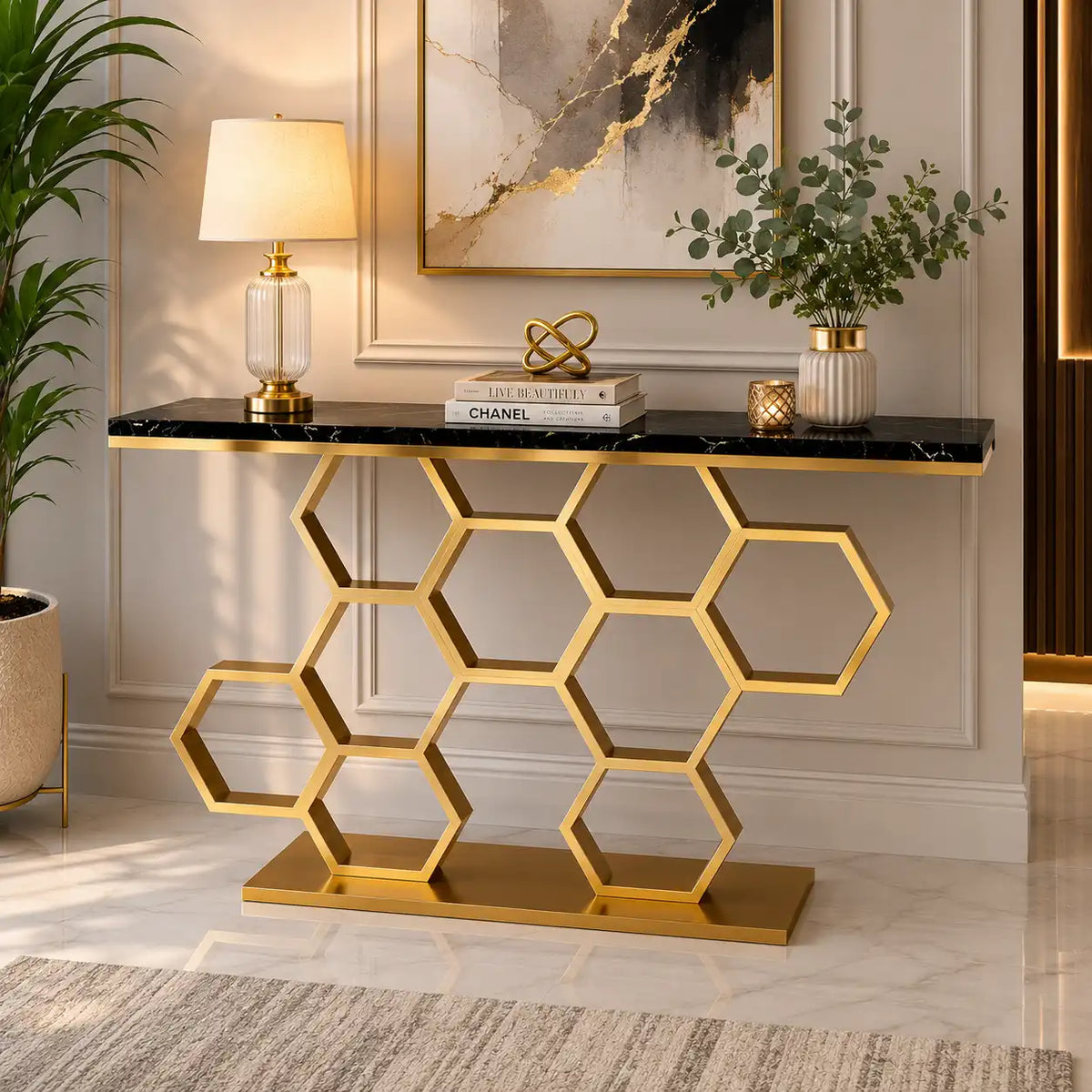 Honeycomb Motif Artistic Golden Finish Metal Console Table