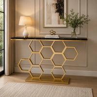 Honeycomb Motif Artistic Golden Finish Metal Console Table