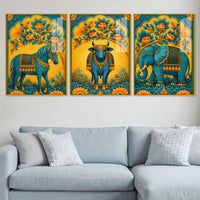 Horse, Cow & Elephant Indian Folk Art Acrylic Floating Wall Painting Set of 3