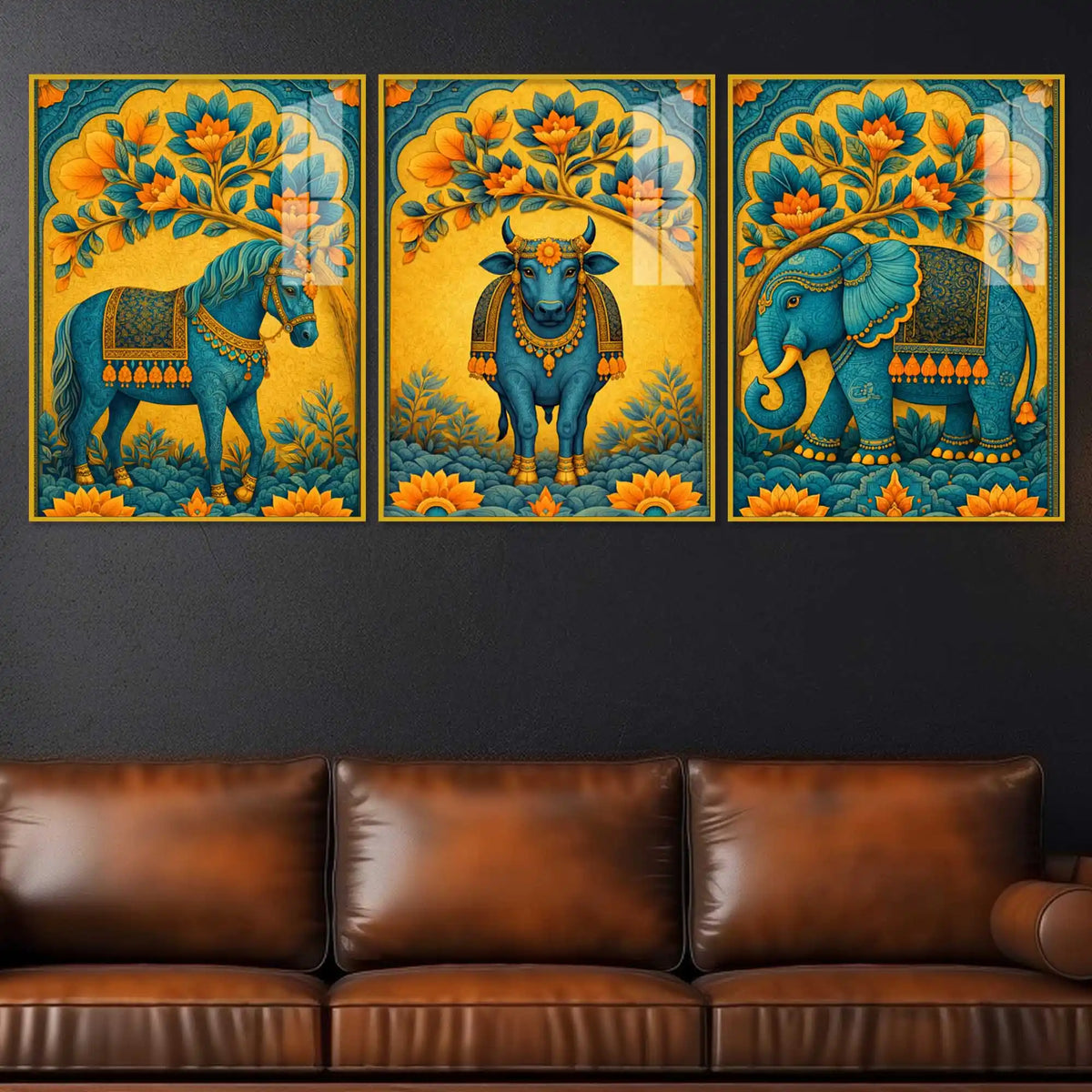 Horse, Cow & Elephant Indian Folk Art Acrylic Floating Wall Painting Set of 3