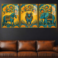 Horse, Cow & Elephant Indian Folk Art Acrylic Floating Wall Painting Set of 3