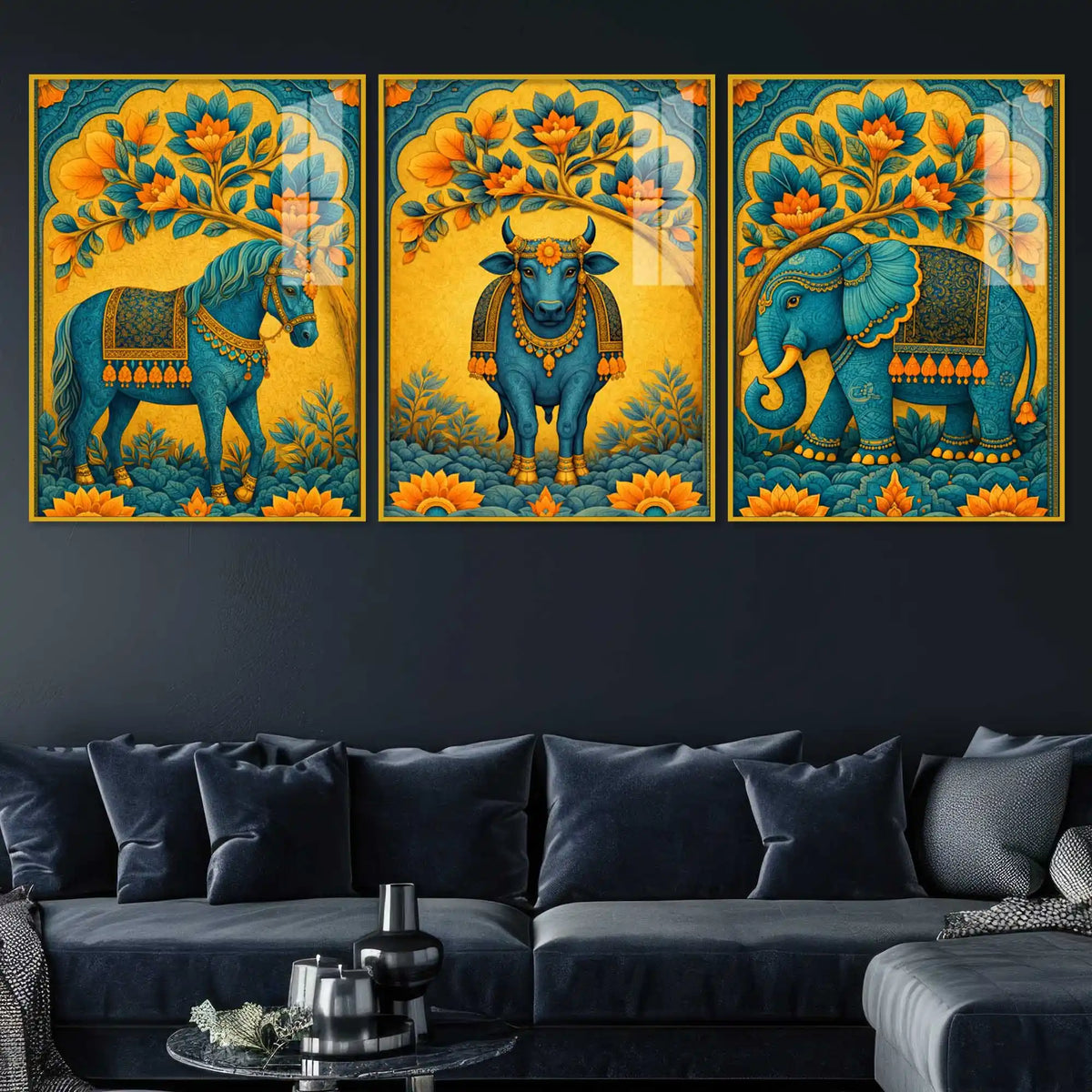 Horse, Cow & Elephant Indian Folk Art Acrylic Floating Wall Painting Set of 3