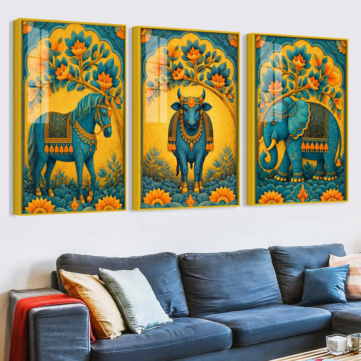 Horse, Cow & Elephant Indian Folk Art Acrylic Floating Wall Painting Set of 3