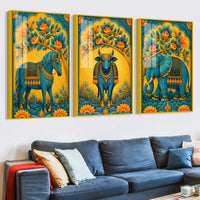 Horse, Cow & Elephant Indian Folk Art Acrylic Floating Wall Painting Set of 3