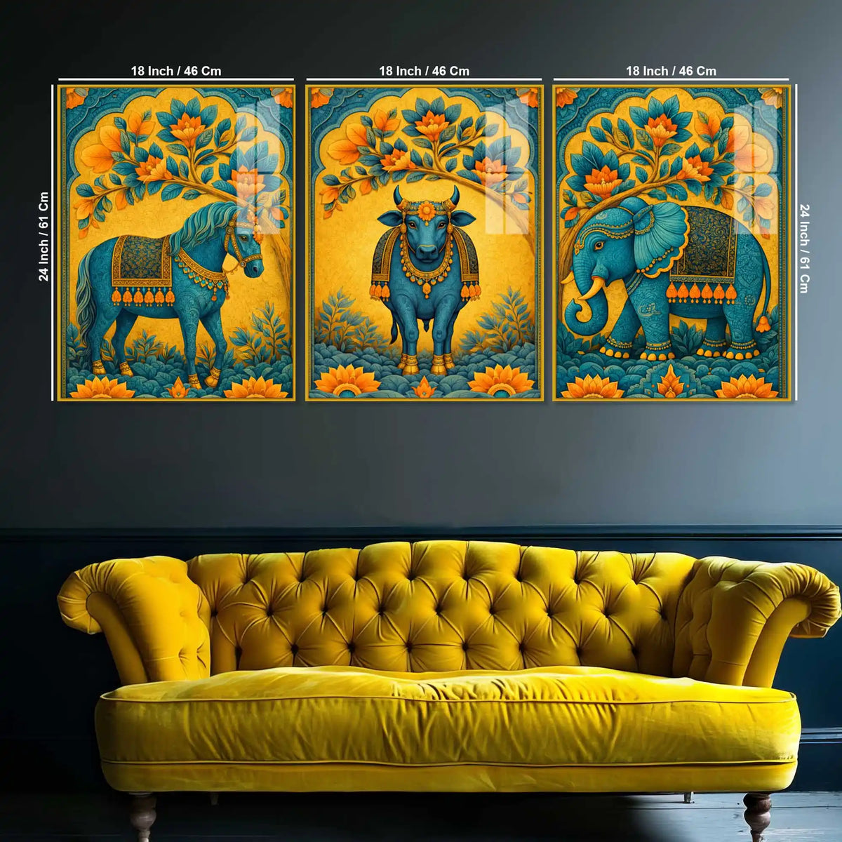 Horse, Cow & Elephant Indian Folk Art Acrylic Floating Wall Painting Set of 3