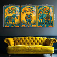 Horse, Cow & Elephant Indian Folk Art Acrylic Floating Wall Painting Set of 3