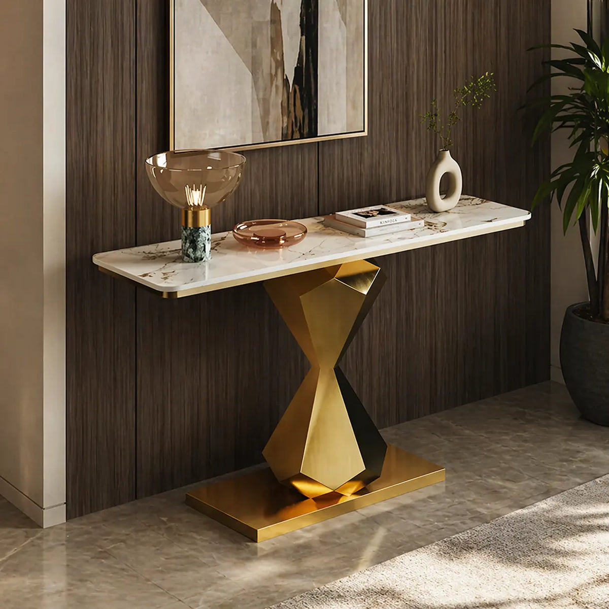 Hourglass Shape Console Table with Polished Gold Frame