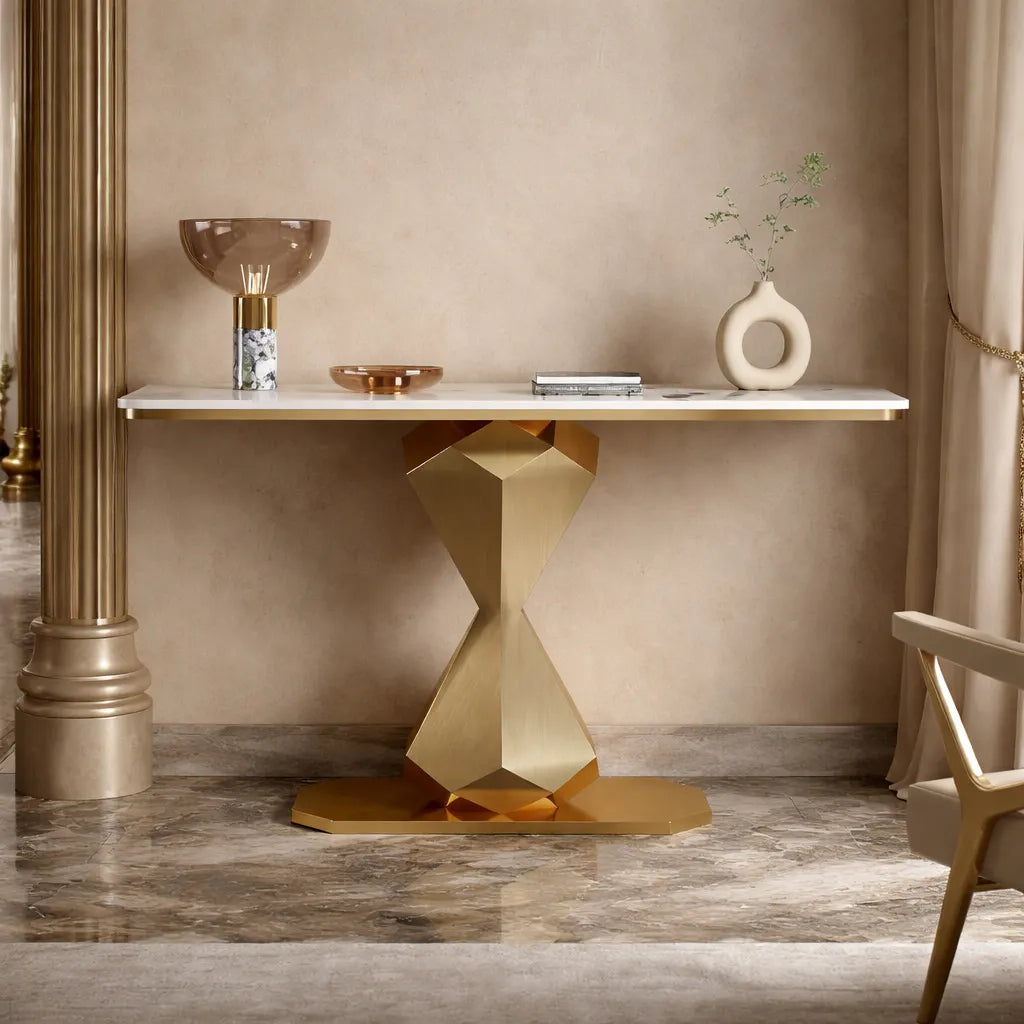 Hourglass Shape Console Table with Polished Gold Frame