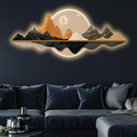 Illuminated Gold & Black Mountain & Full Moon Crystal Glass Backlit LED Wall Art