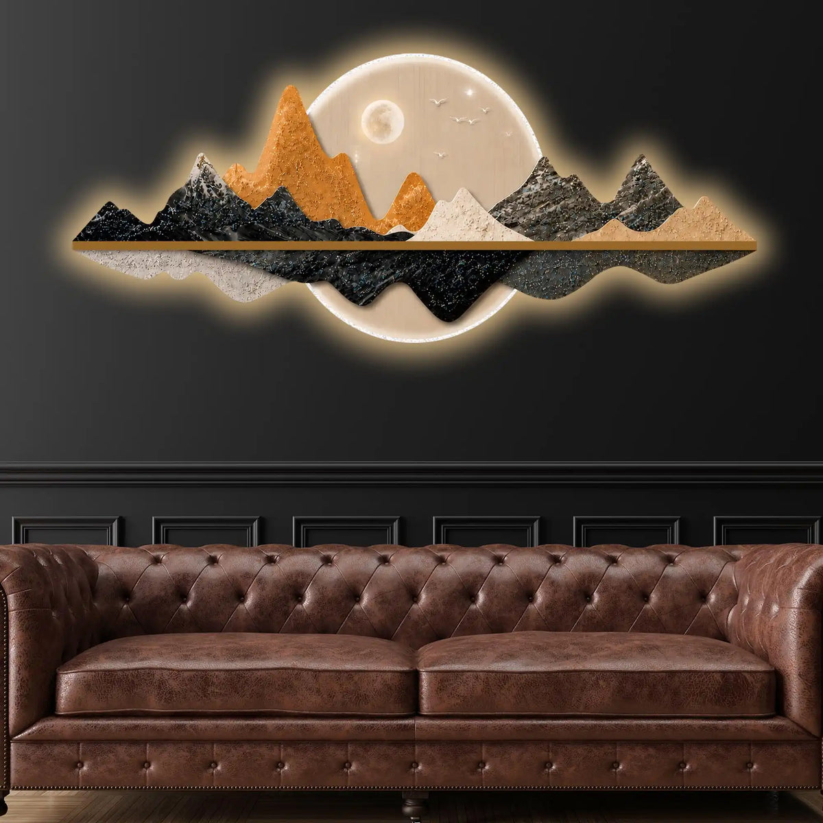 Illuminated Gold & Black Mountain & Full Moon Crystal Glass Backlit LED Wall Art