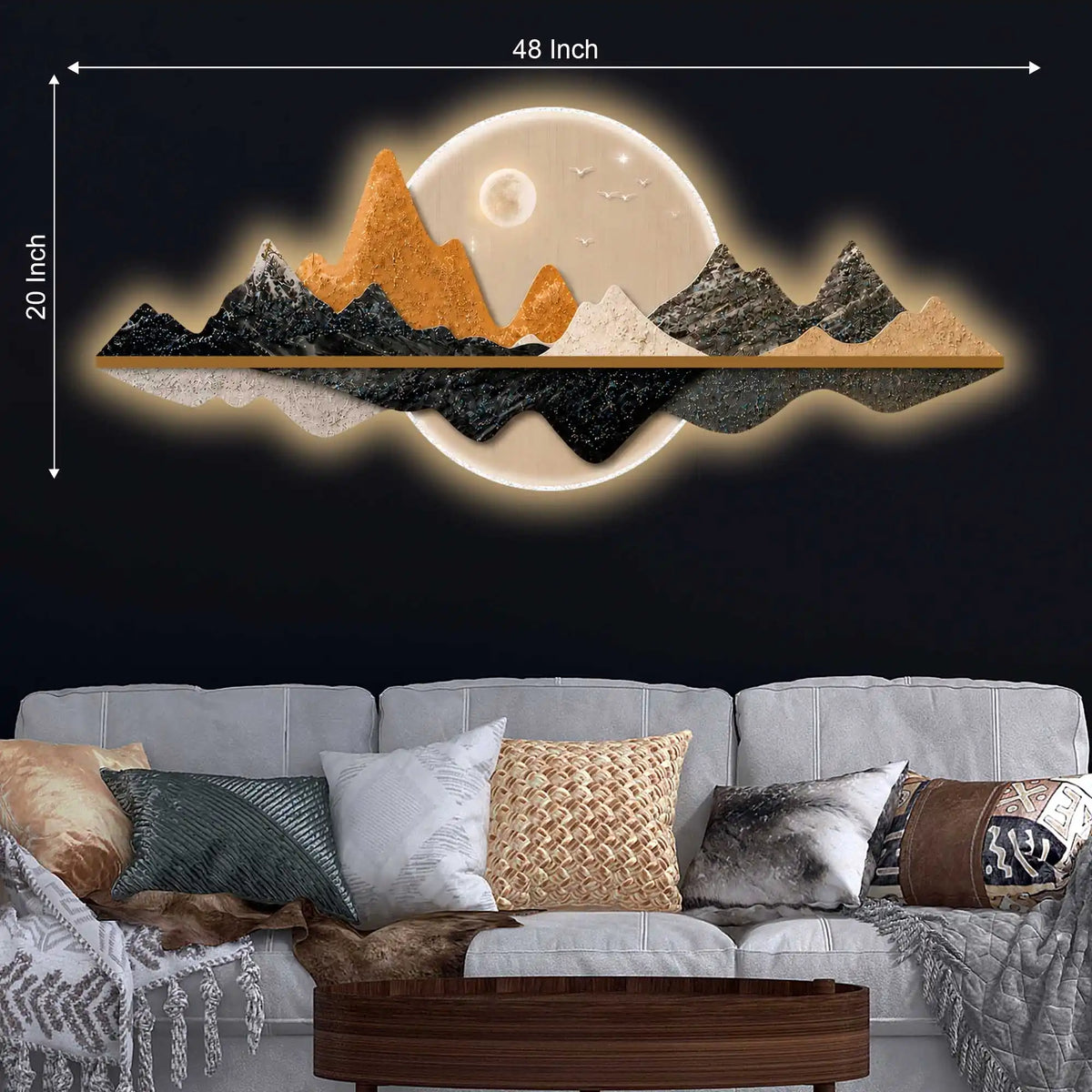 Illuminated Gold & Black Mountain & Full Moon Crystal Glass Backlit LED Wall Art
