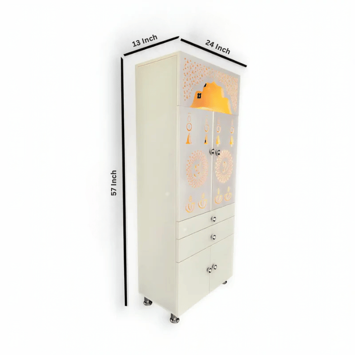 Beautiful White Wooden Floor Temple for Home & Office with LED Swastik OM Panel Drawer & Cabinet Storage