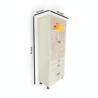 Beautiful White Wooden Floor Temple for Home & Office with LED Swastik OM Panel Drawer & Cabinet Storage