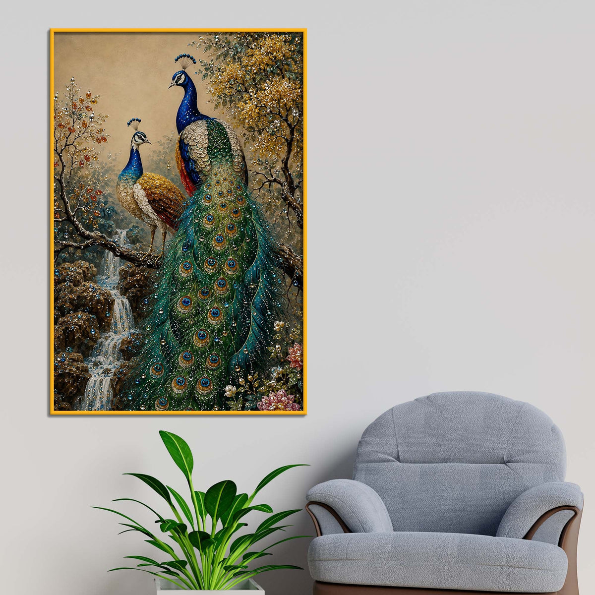 Imperial Peacock Pair Floating Frame Crystal Wall Painting