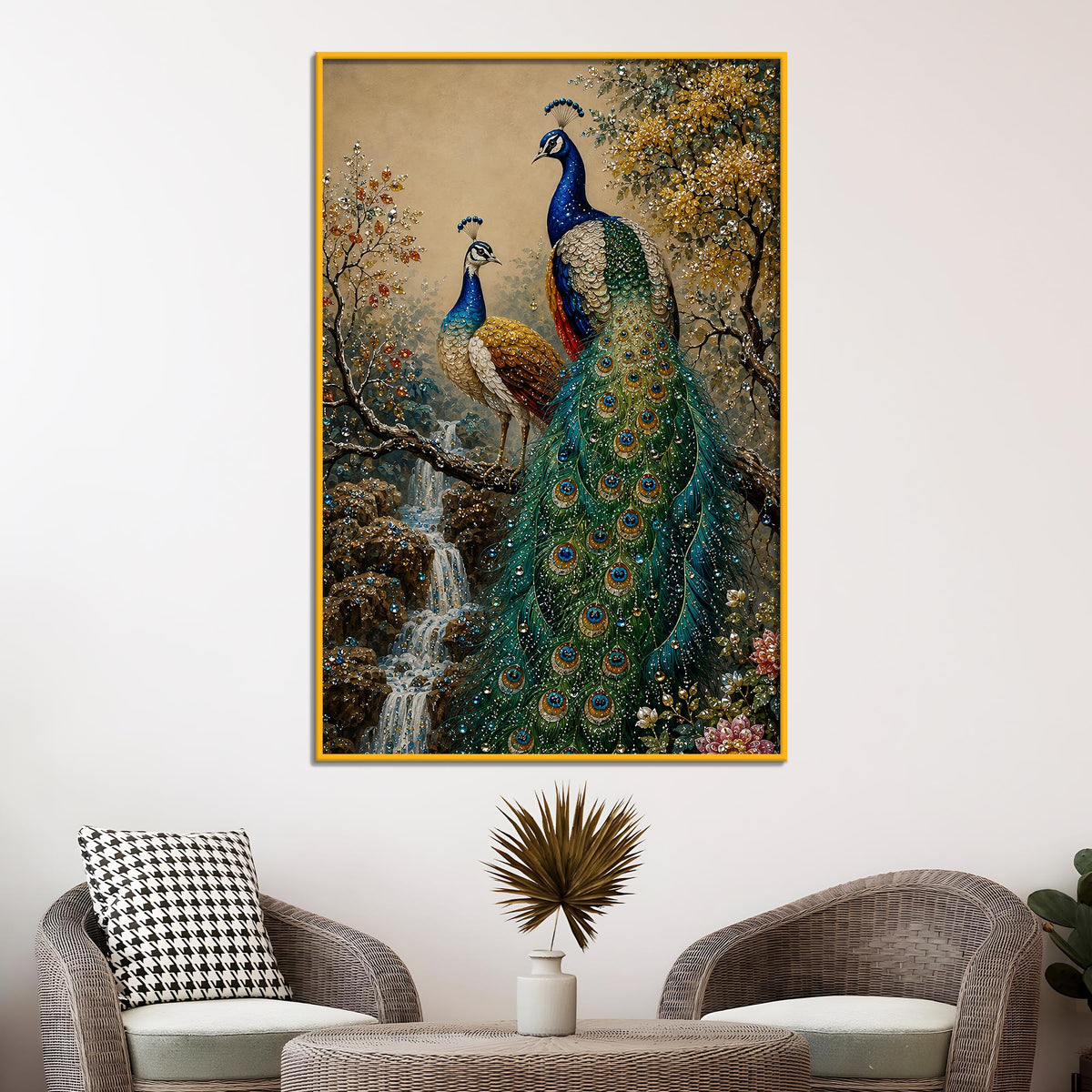 Imperial Peacock Pair Floating Frame Crystal Wall Painting