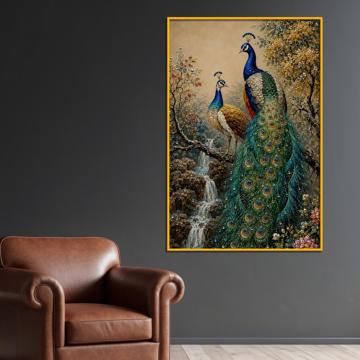 Imperial Peacock Pair Floating Frame Crystal Wall Painting