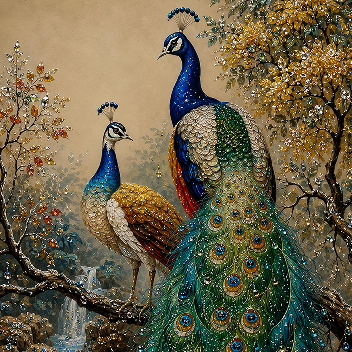Imperial Peacock Pair Floating Frame Crystal Wall Painting