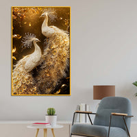 Imperial White Peacock Pair Floating Frame Crystal Wall Painting