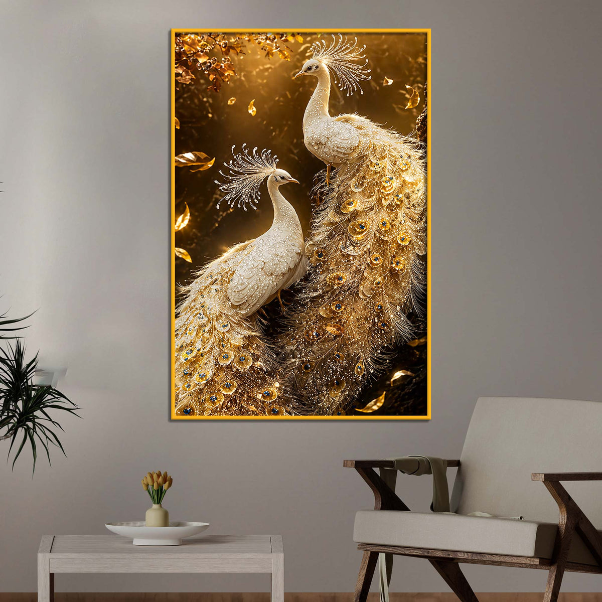 Imperial White Peacock Pair Floating Frame Crystal Wall Painting