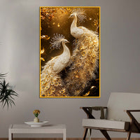 Imperial White Peacock Pair Floating Frame Crystal Wall Painting