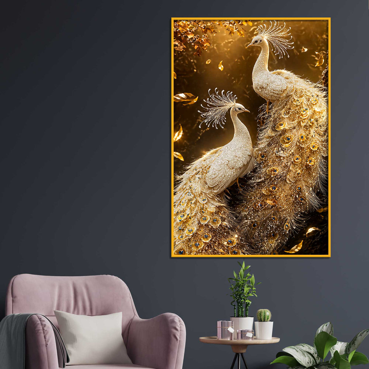 Imperial White Peacock Pair Floating Frame Crystal Wall Painting