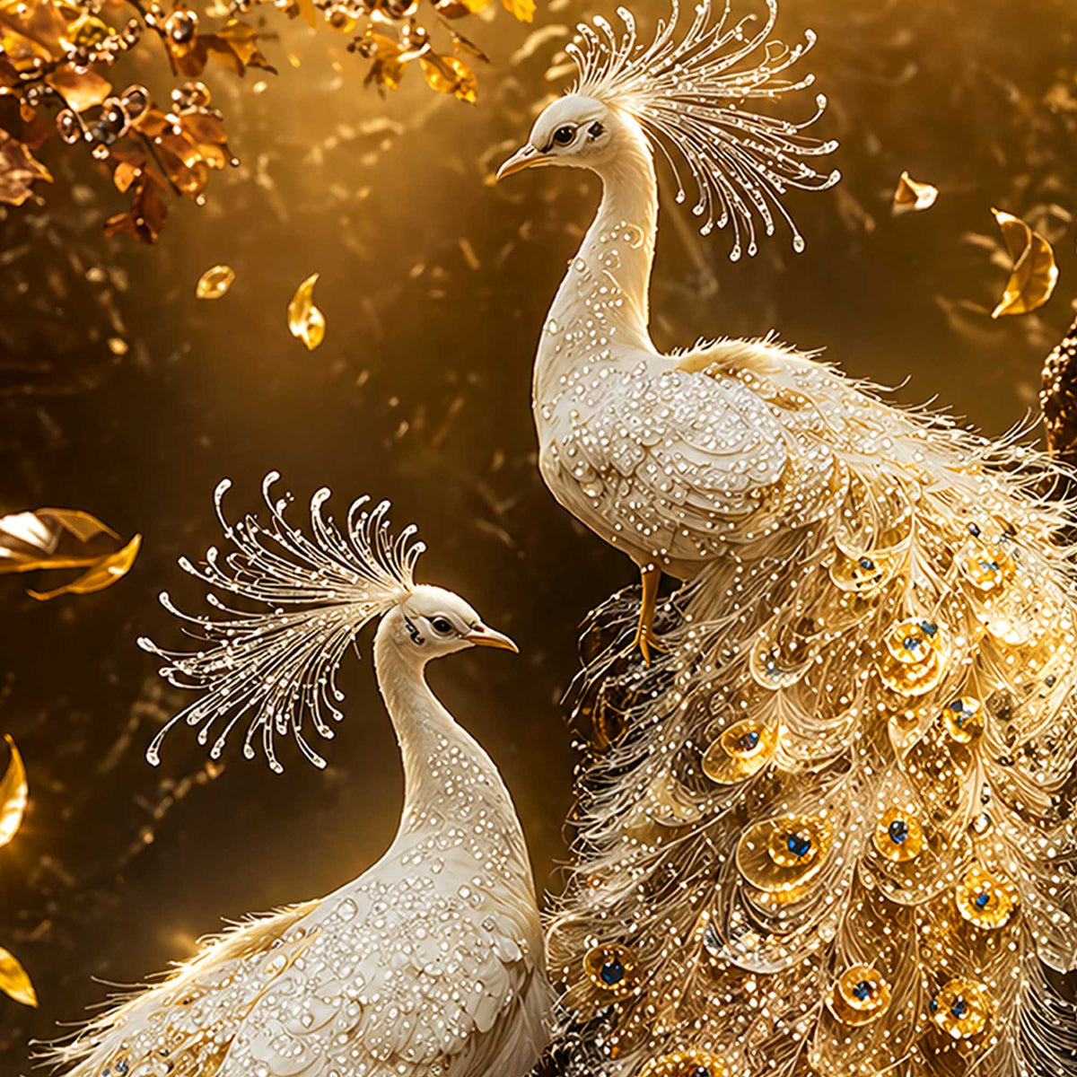 Imperial White Peacock Pair Floating Frame Crystal Wall Painting