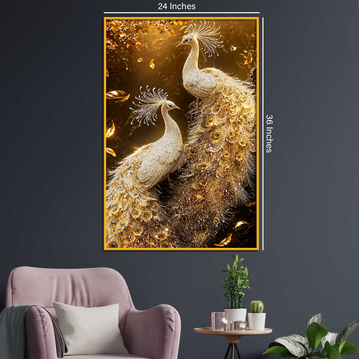 Imperial White Peacock Pair Floating Frame Crystal Wall Painting