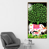 Indian Art Kamdhenu Cow Canvas Wall Painting | Spiritual Home Decor & Gift