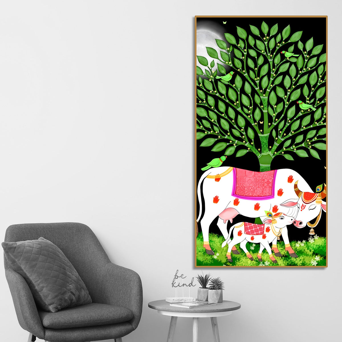 Indian Art Kamdhenu Cow Canvas Wall Painting | Spiritual Home Decor & Gift