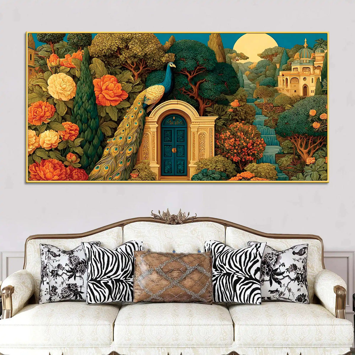 Indian Heritage Peacock In Secret Garden of a Palace Canvas Wall Painting