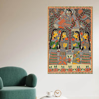 Indian Krishna with Gopis Madhubani Canvas Painting