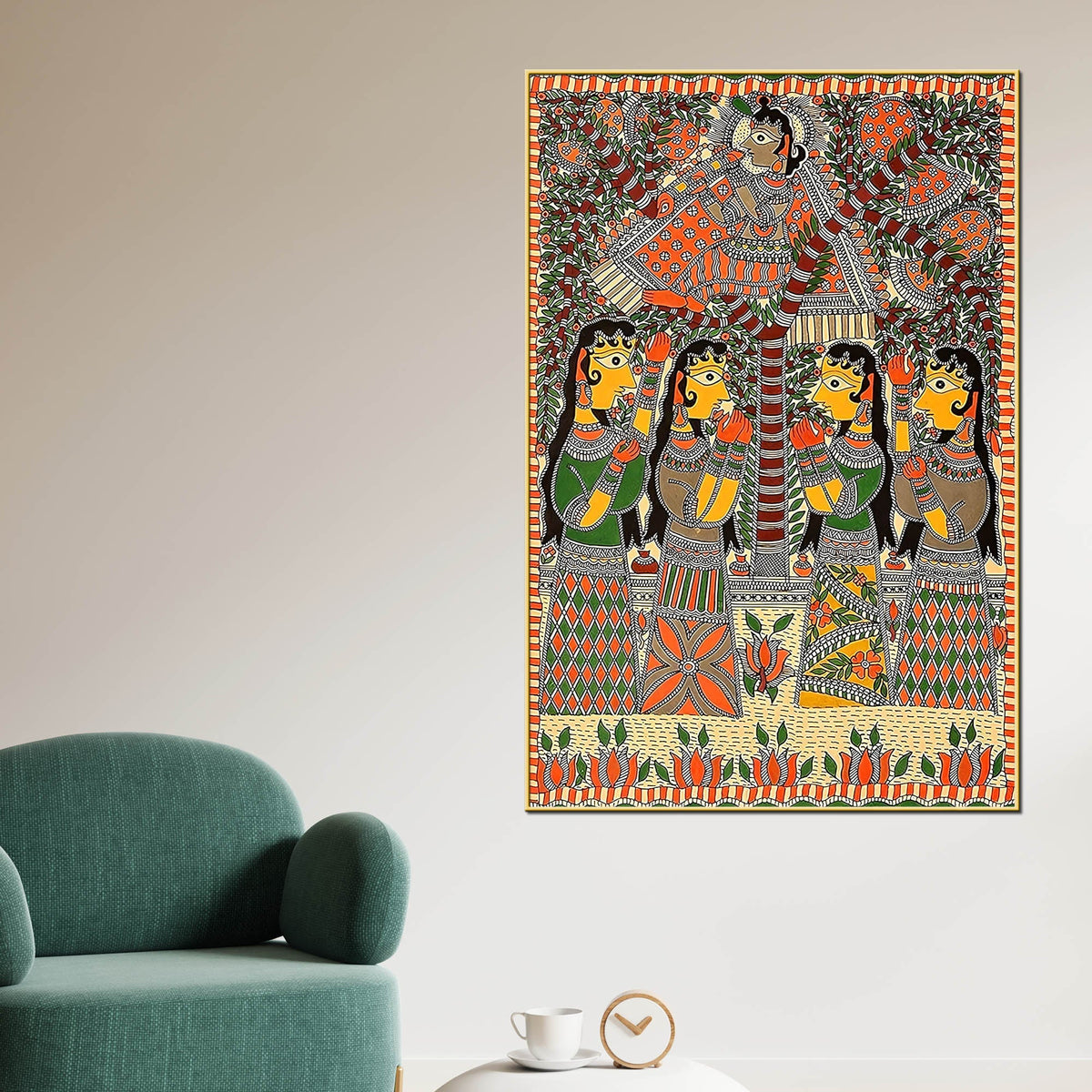 Indian Krishna with Gopis Madhubani Canvas Painting