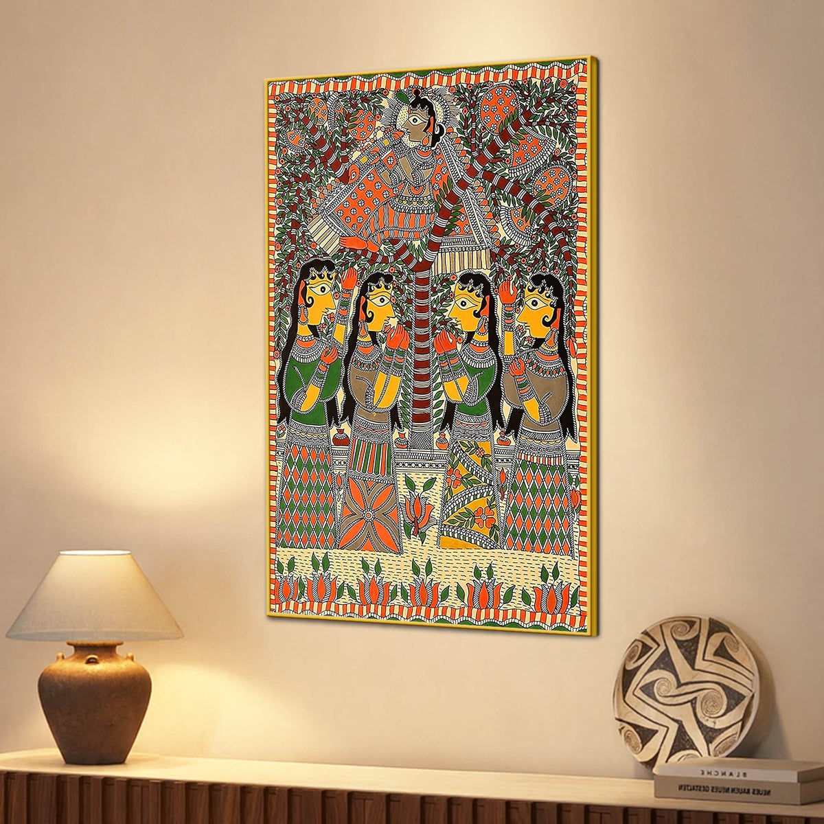 Indian Krishna with Gopis Madhubani Canvas Painting