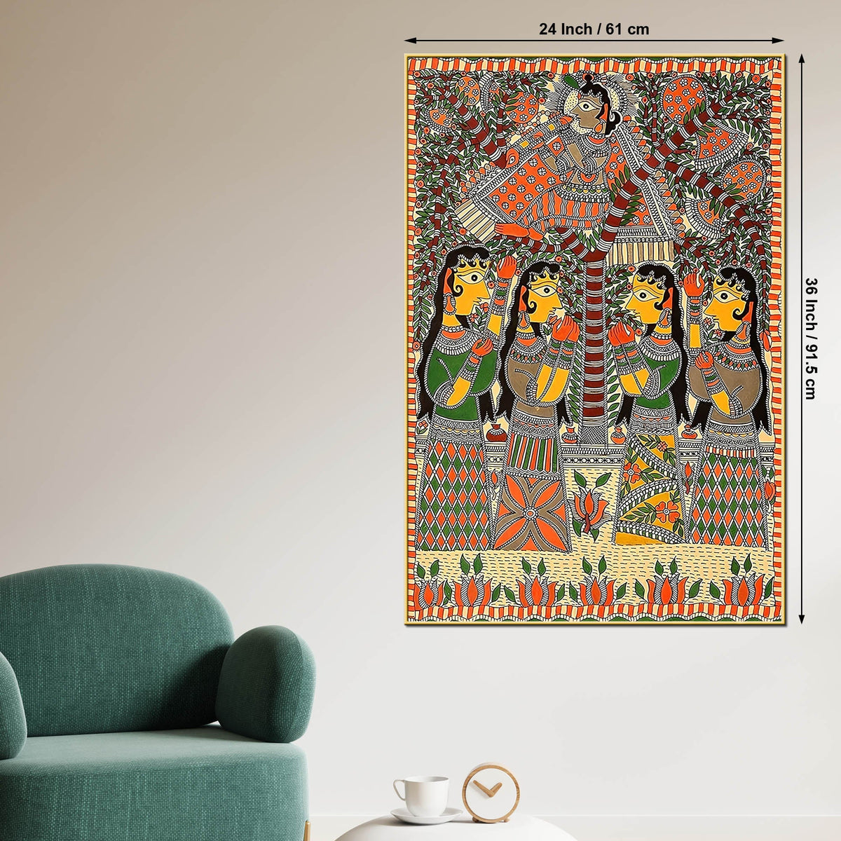 Indian Krishna with Gopis Madhubani Canvas Painting