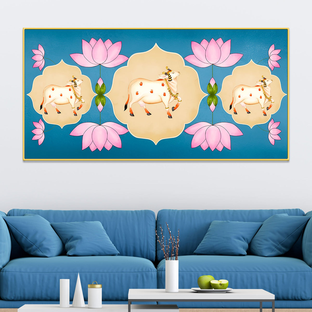 Indian Sacred Cow Painting | Lotus Floral Wall Art