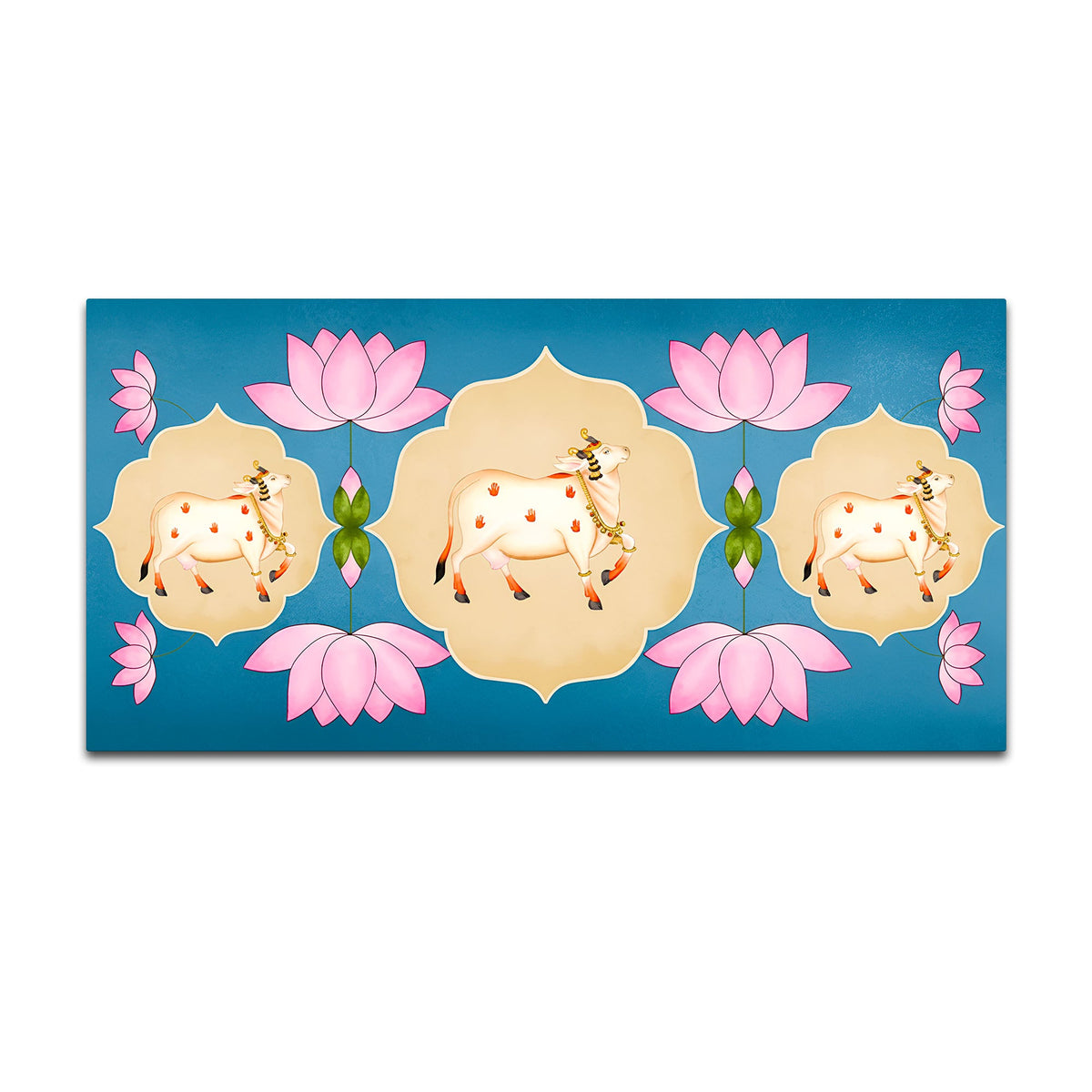 Indian Sacred Cow Painting | Lotus Floral Wall Art