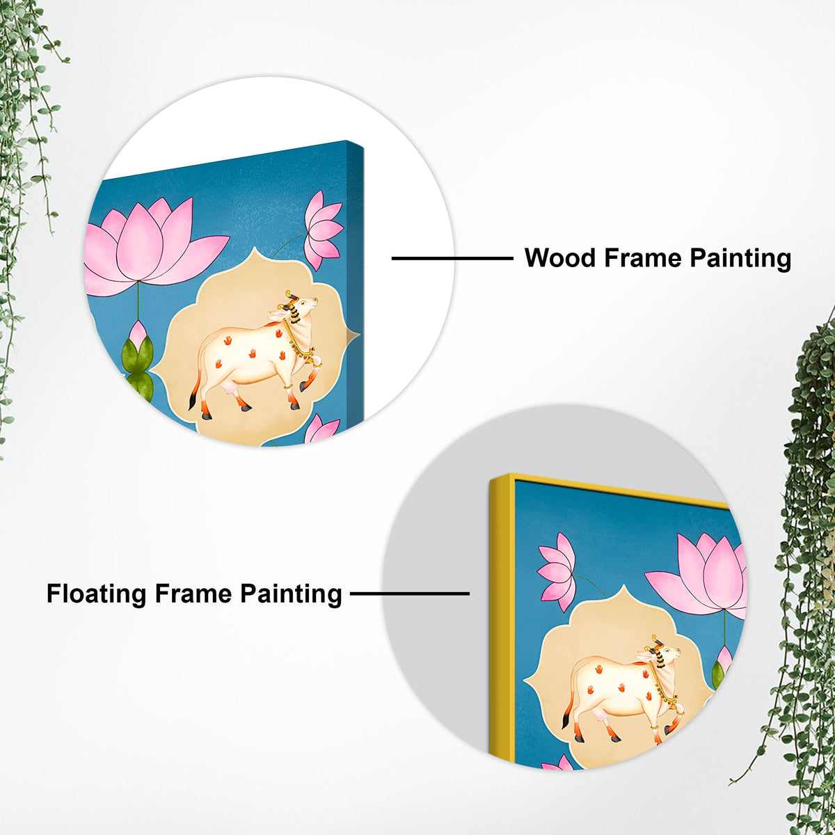 Indian Sacred Cow Painting | Lotus Floral Wall Art