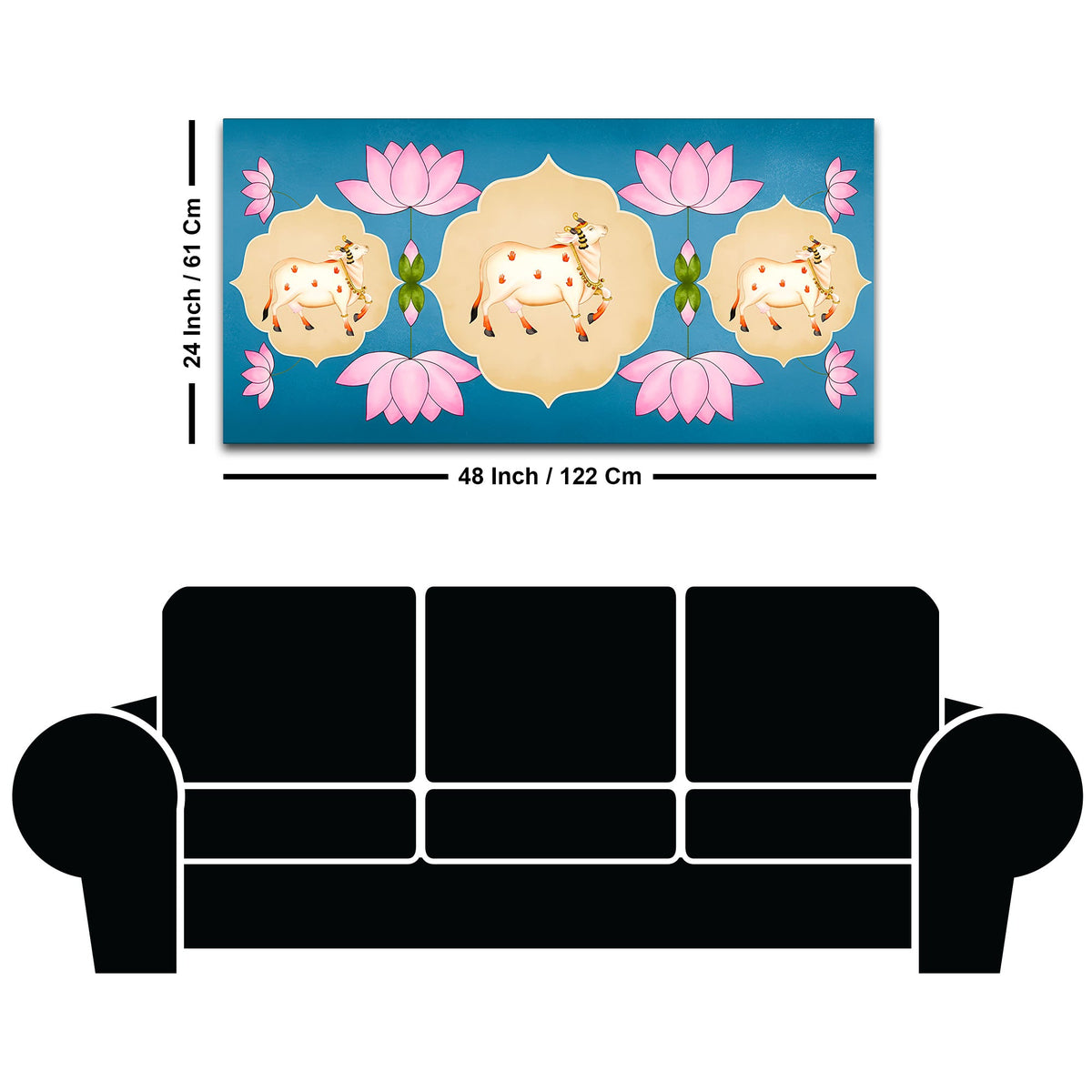 Indian Sacred Cow Painting | Lotus Floral Wall Art