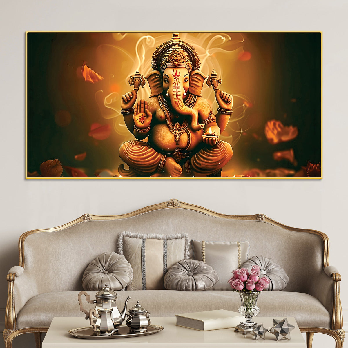 Indian Traditional Lord Shri Ganesh Premium Canvas Wall Painting –  Luxury Spiritual Wall Art for Home & Office Decor