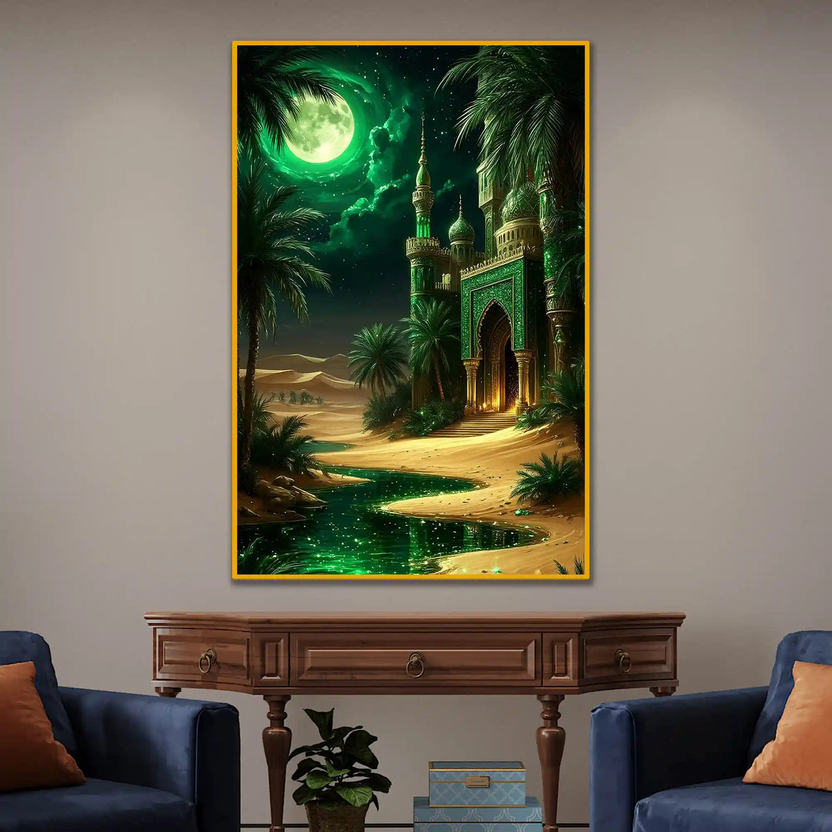 Islamic Desert Mosque Night Floating Frame Crystal Wall Painting