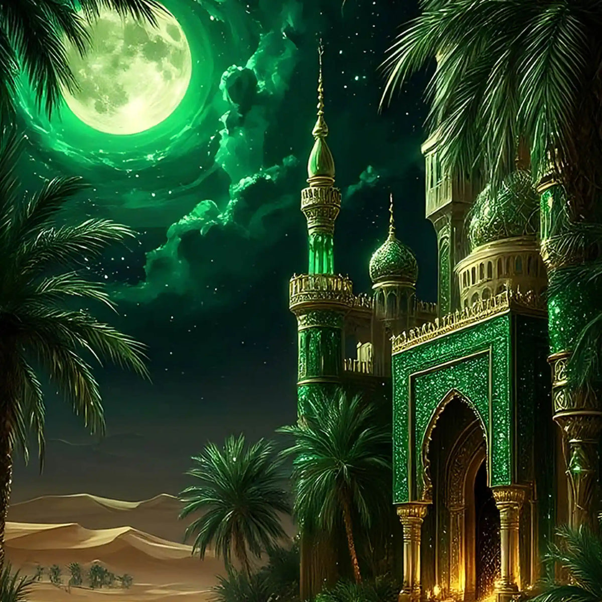 Islamic Desert Mosque Night Floating Frame Crystal Wall Painting