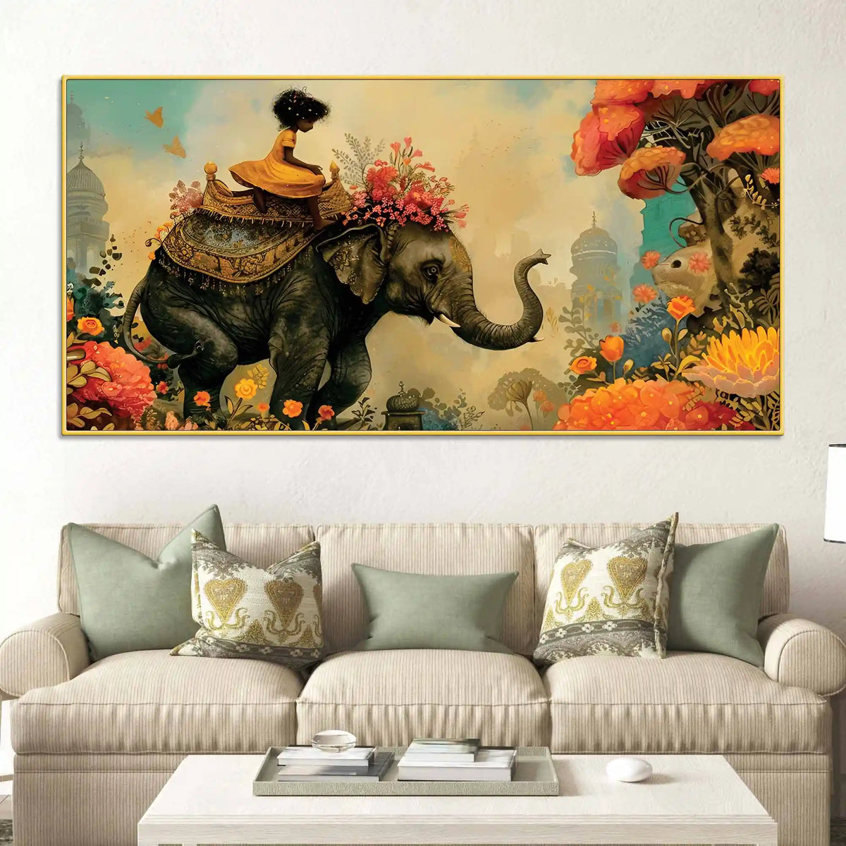 Journey of Artistic Elephant & Cute Girl Floral Canvas Wall Painting