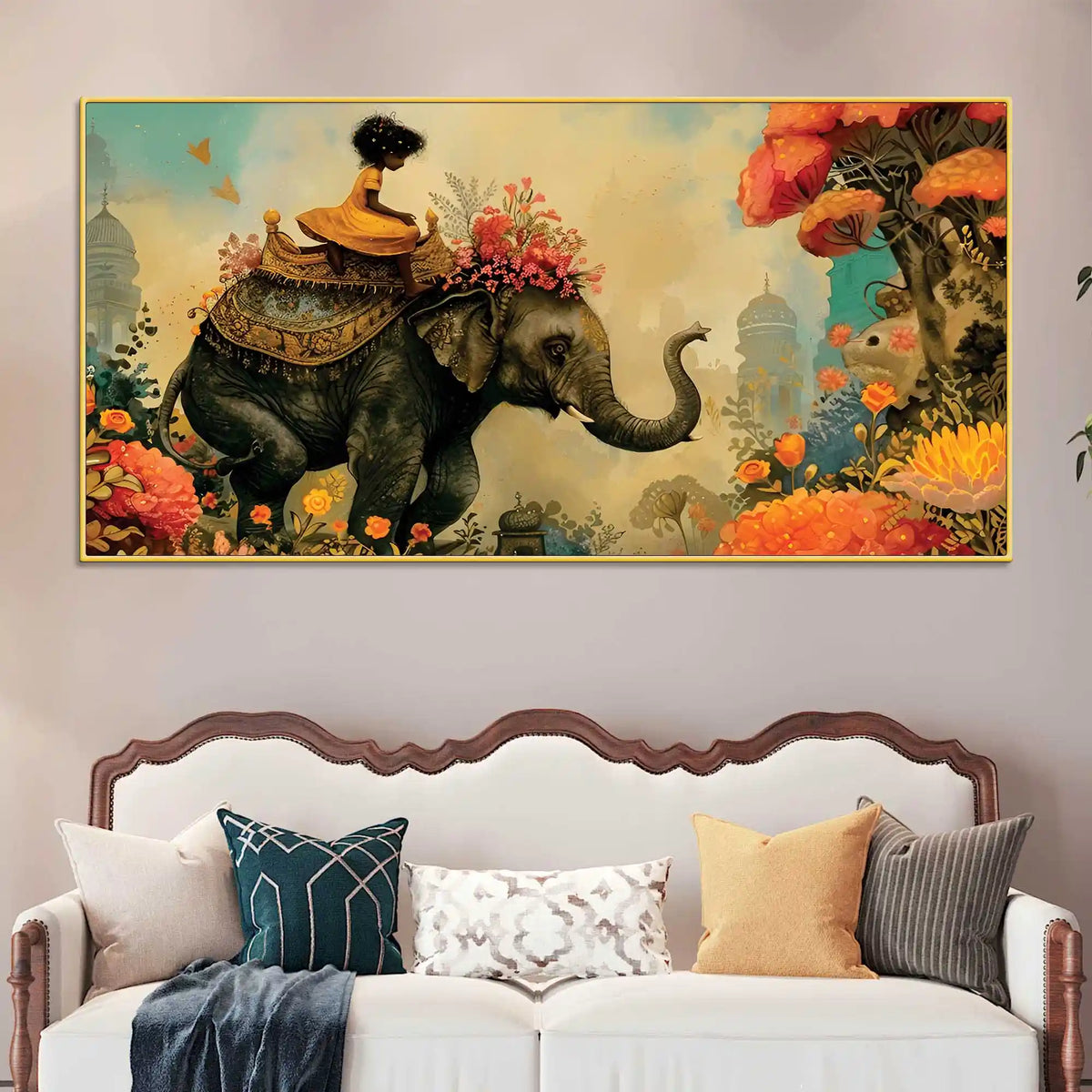 Journey of Artistic Elephant & Cute Girl Floral Canvas Wall Painting